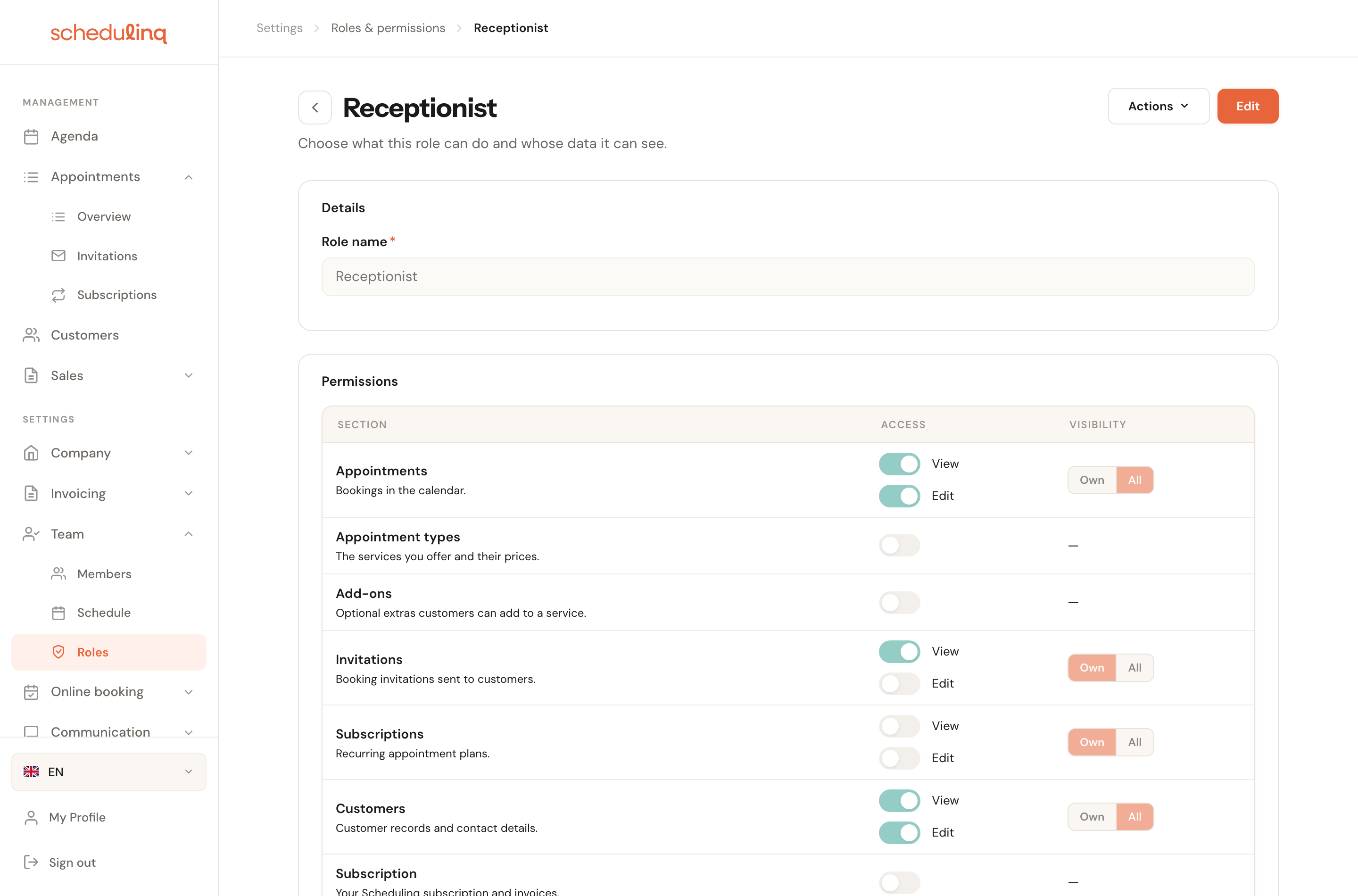 The Receptionist role open in read-only view, showing the name and the permissions matrix.