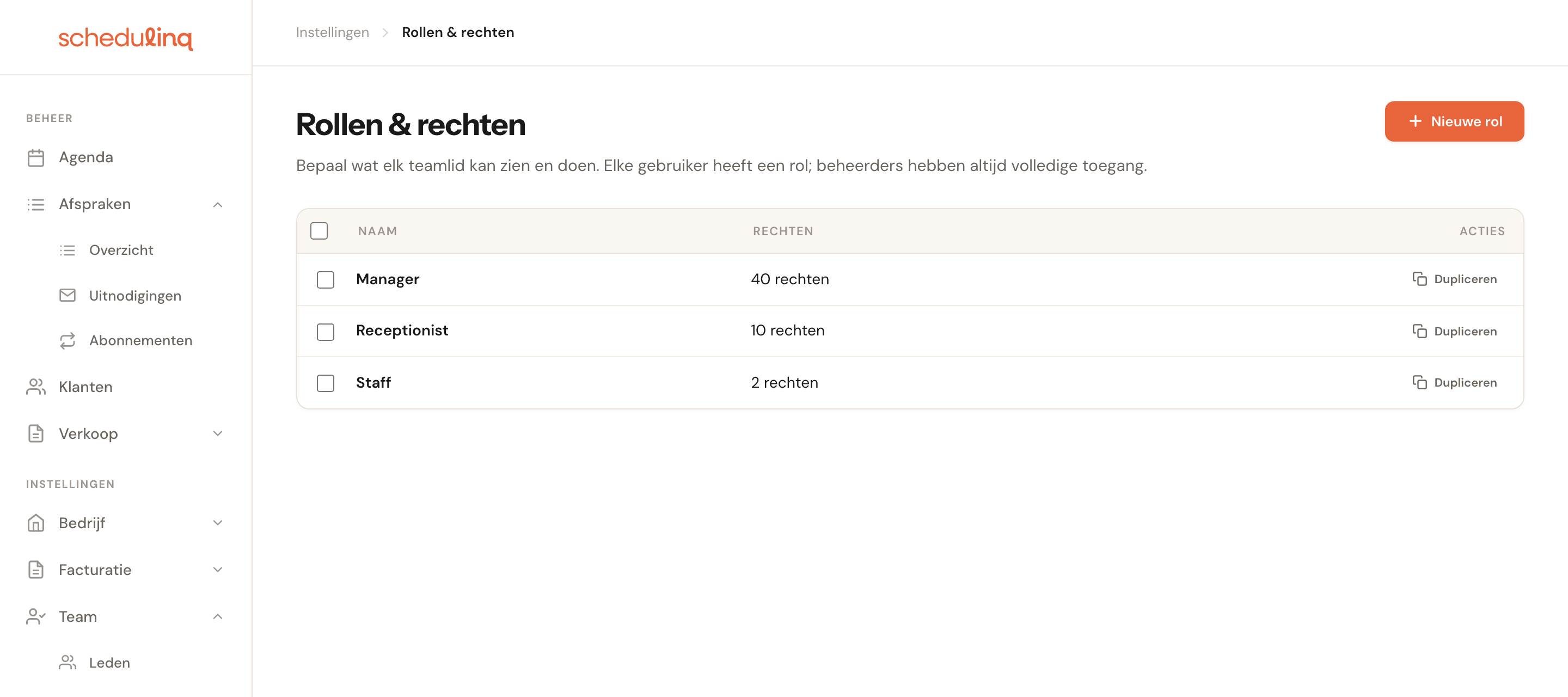 De pagina Rollen & rechten met drie rollen: Manager, Receptionist en Staff.