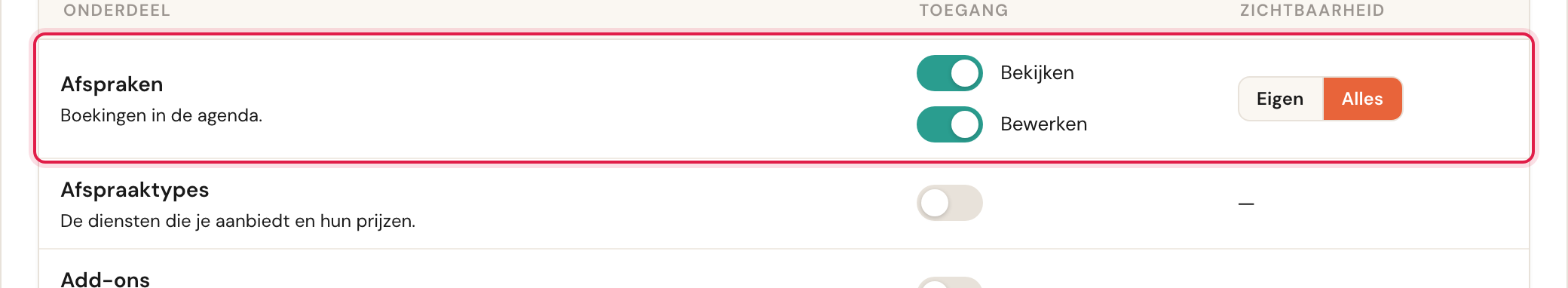 De rij Afspraken met de checkboxes Bekijken en Bewerken en de keuze Eigen of Alles.