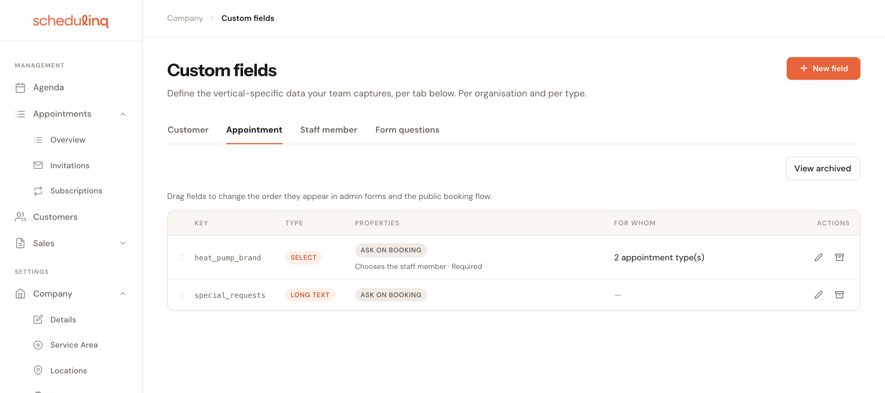 The Custom fields list on the Appointment tab, with the line Chooses the staff member · Required under heat_pump_brand.