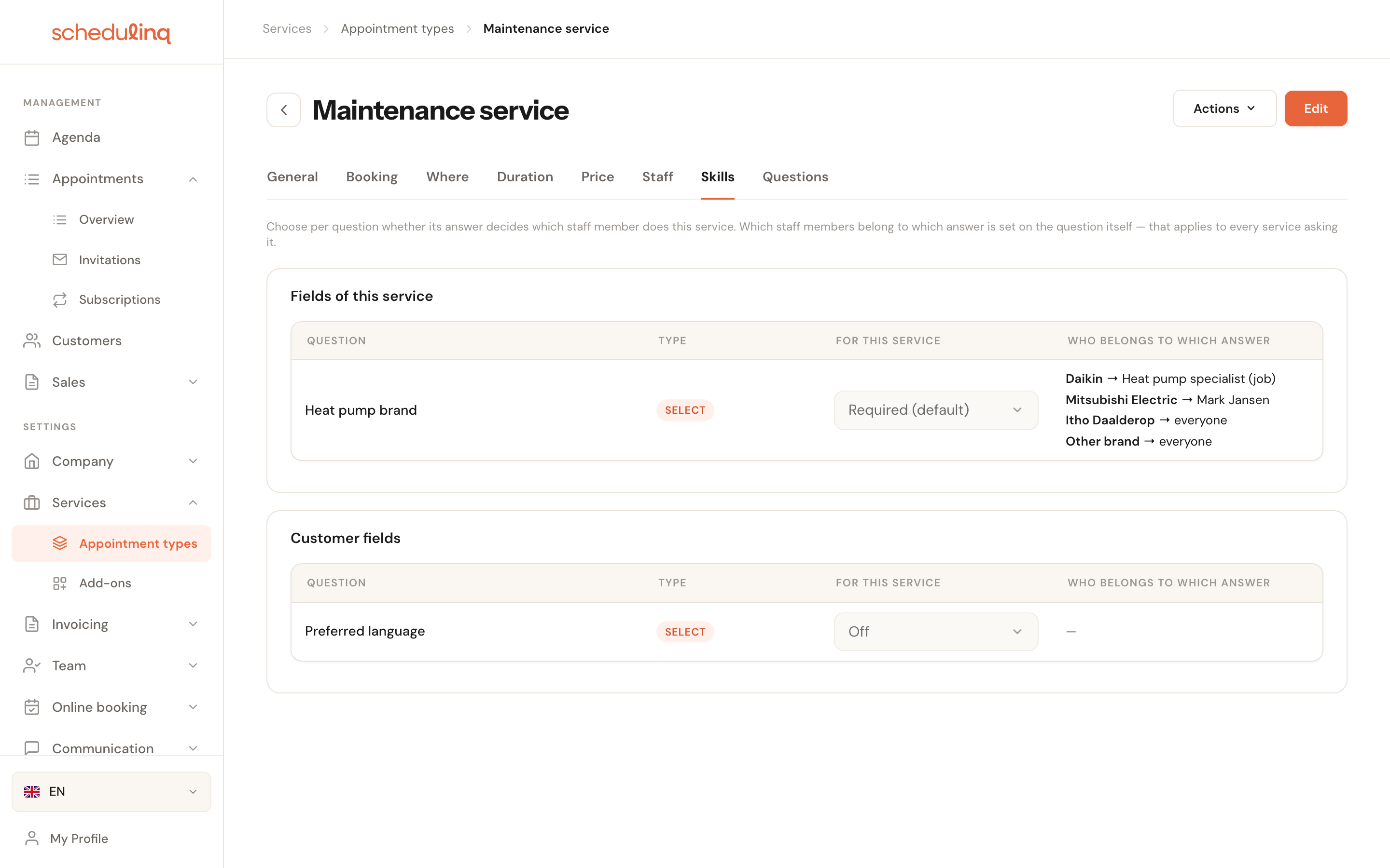 The Skills tab of the service Maintenance service, with Heat pump brand on Required (default) and who belongs to each answer, and the customer question Preferred language on Off.