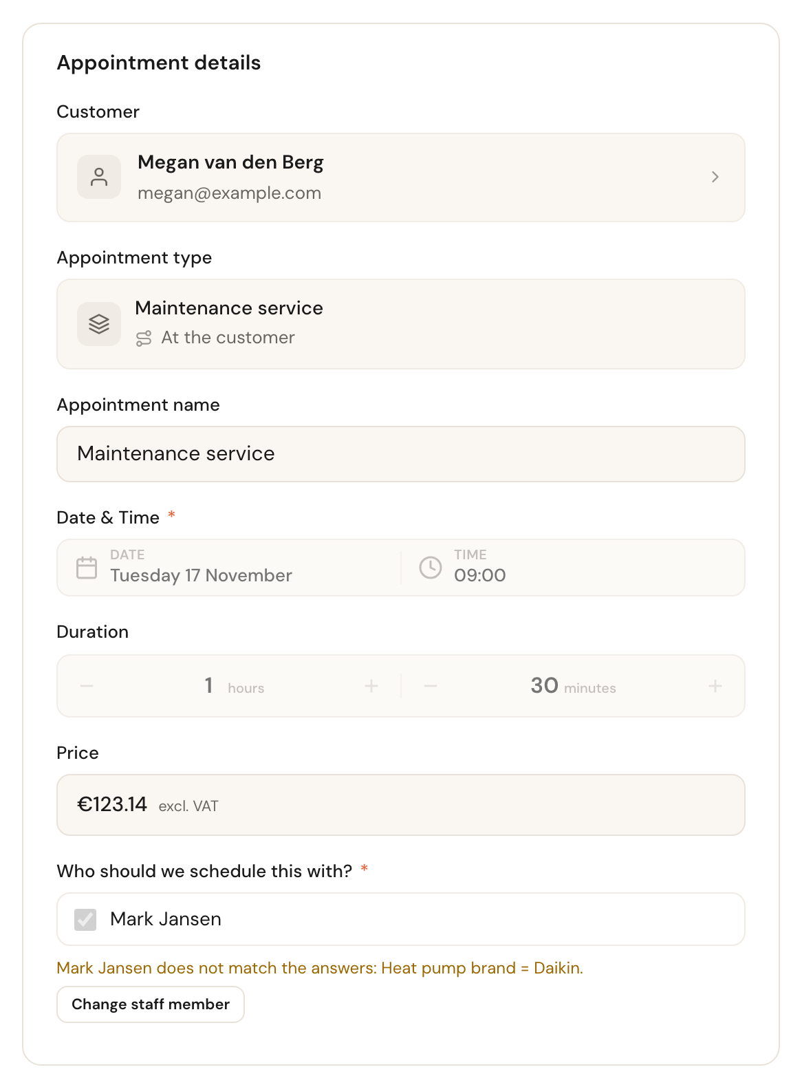 The Appointment details card of a maintenance service for Megan van den Berg with Mark Jansen as staff member, and below it Mark Jansen does not match the answers: Heat pump brand = Daikin., with the Change staff member button.