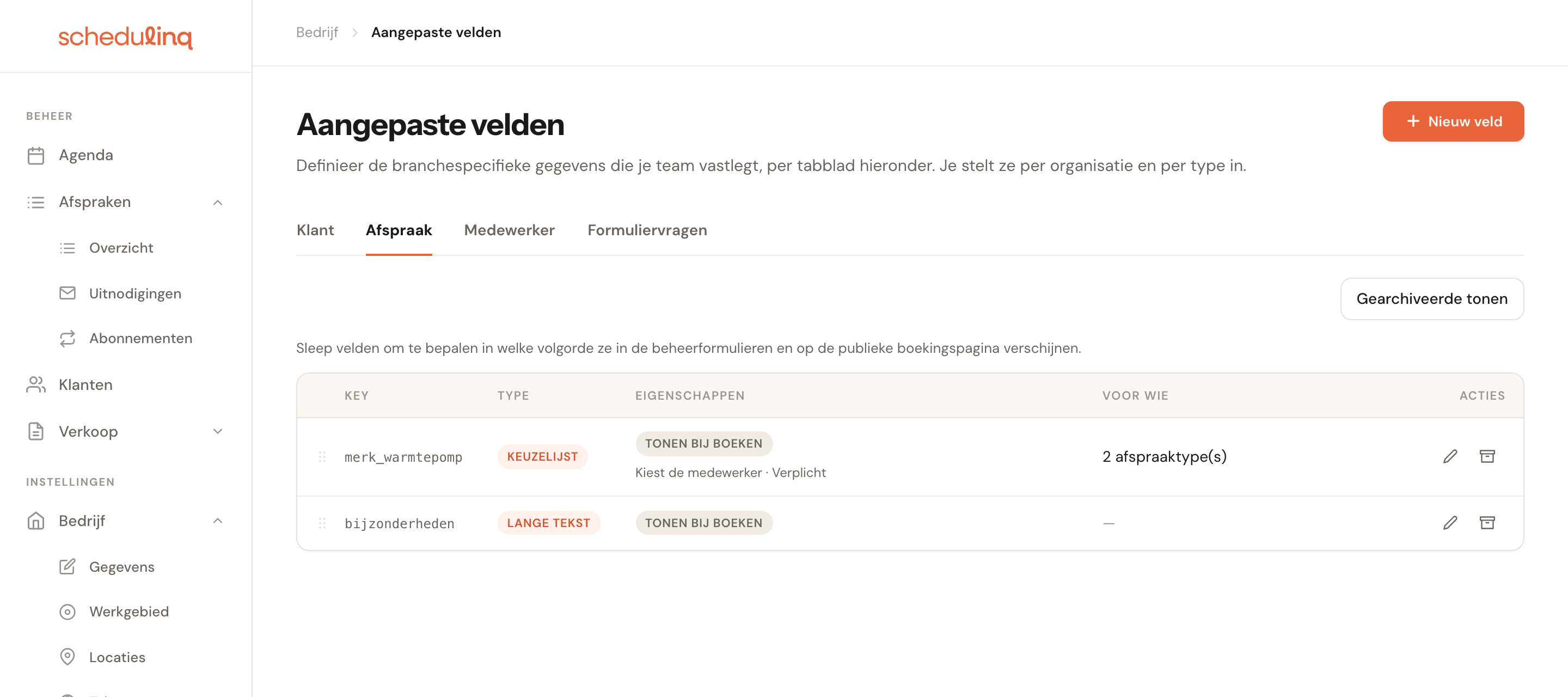 De lijst Aangepaste velden op het tabblad Afspraak, met bij merk_warmtepomp de regel Kiest de medewerker · Verplicht.