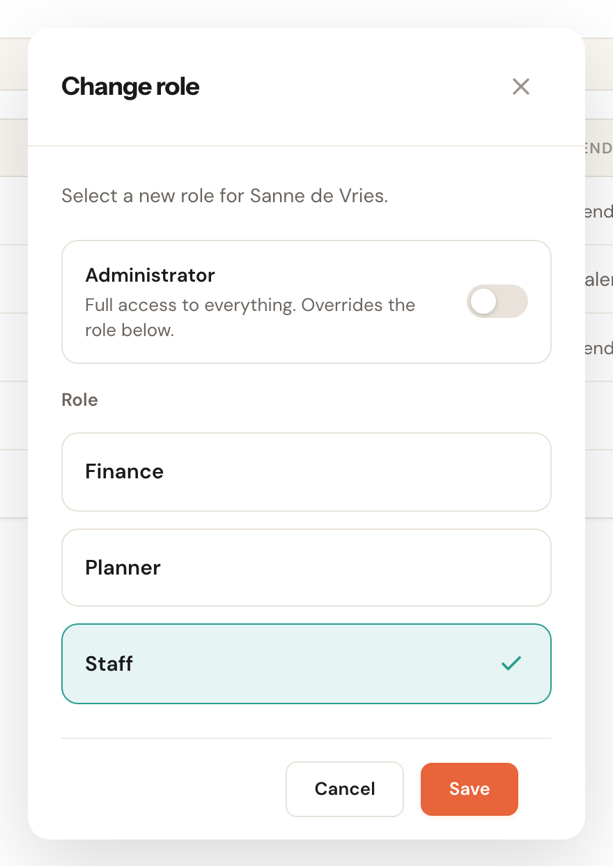 The Change role dialog with an admin toggle and three roles.
