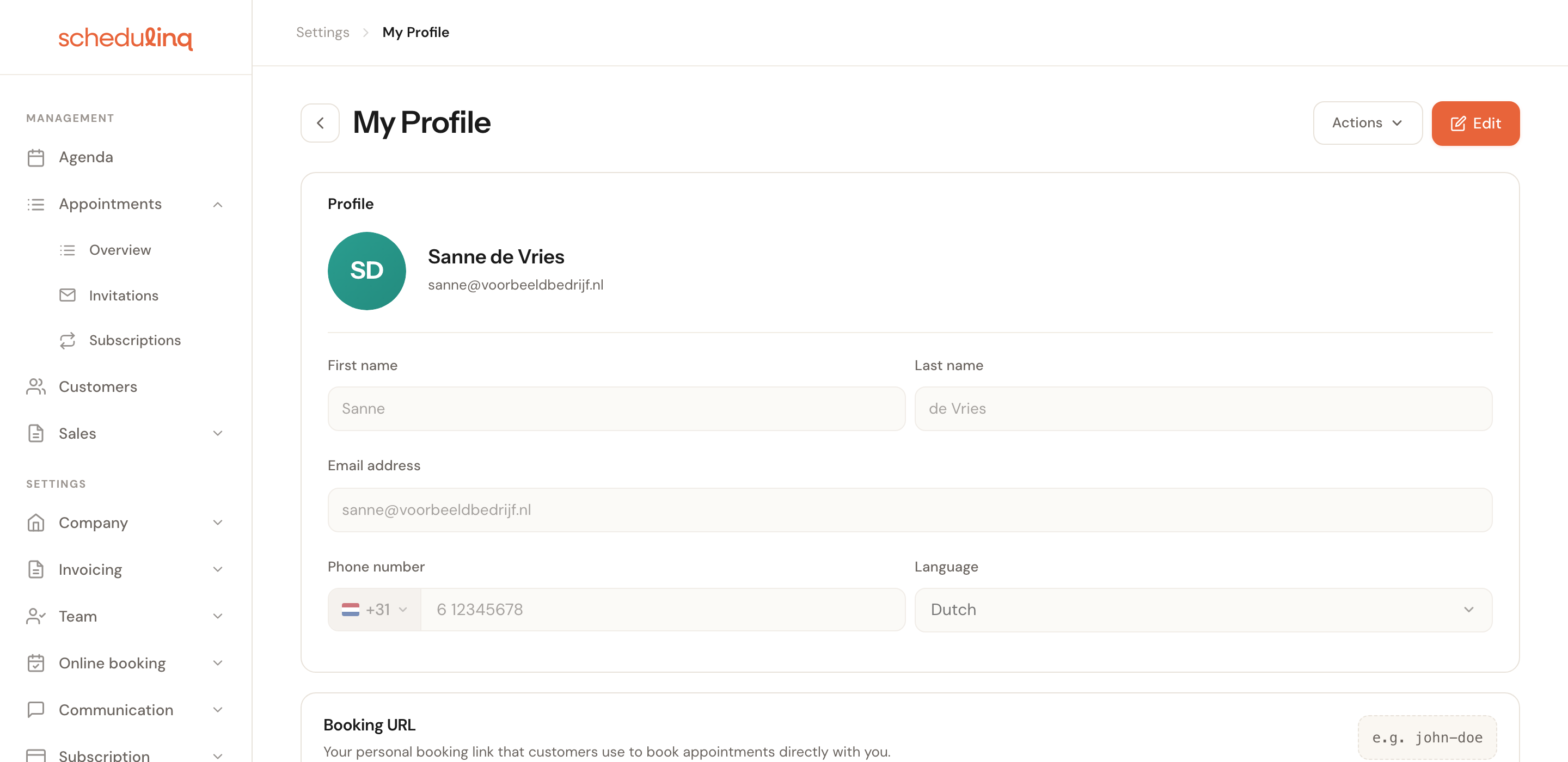 A colleague's profile with the Actions and Edit buttons at the top right.