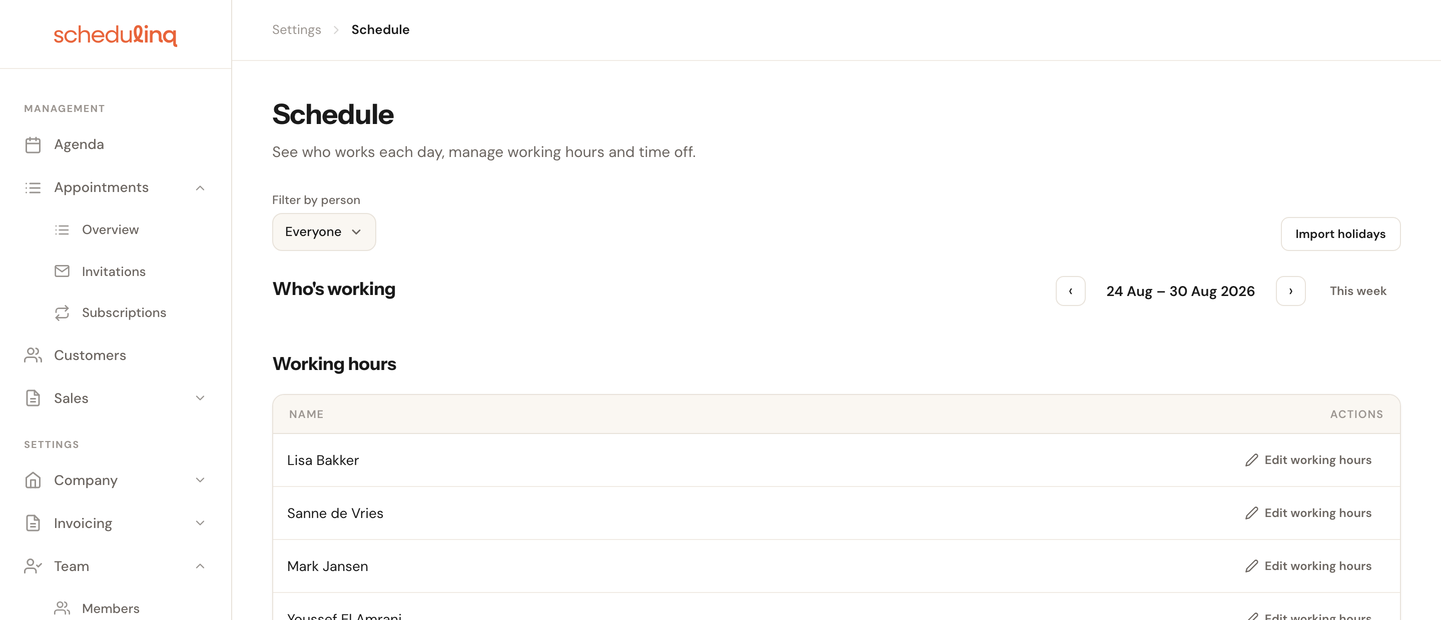 The schedule with the Add exception button and an existing time-off period.