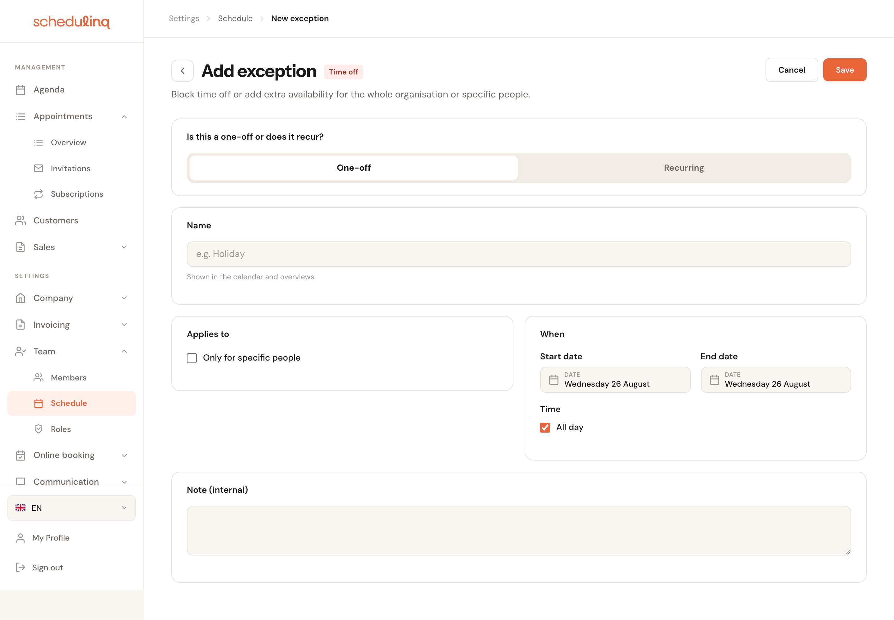 The Add exception form with the Time off badge.