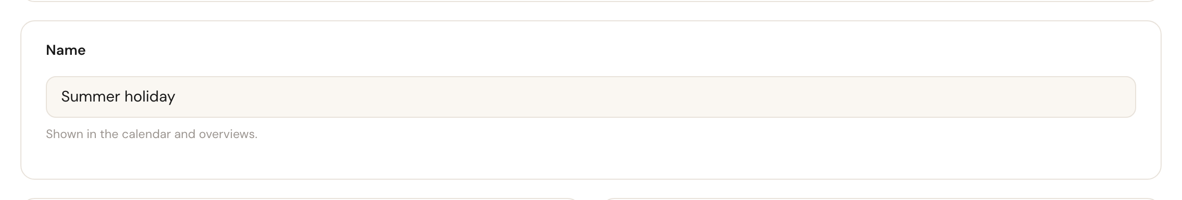 The name field with the hint that the name appears in the calendar.
