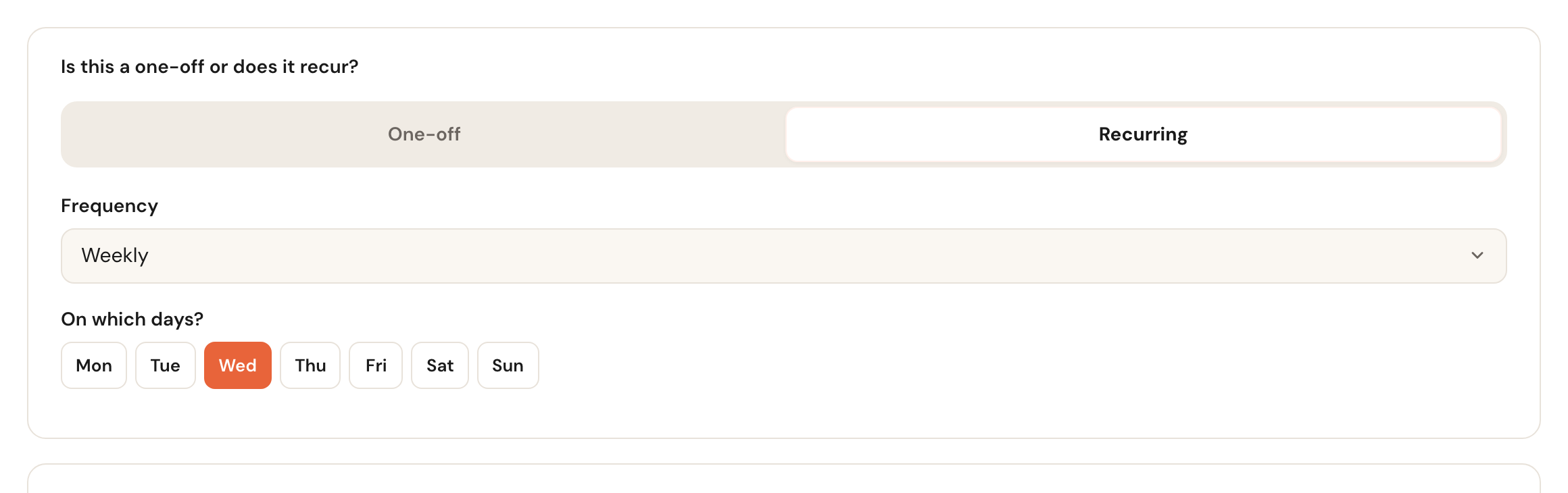 Recurring selected, with frequency Weekly and a weekday picker.