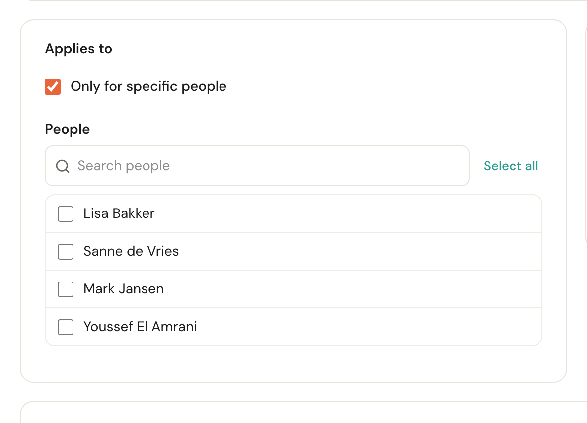 The Only for specific people tick box with the people list beneath it.
