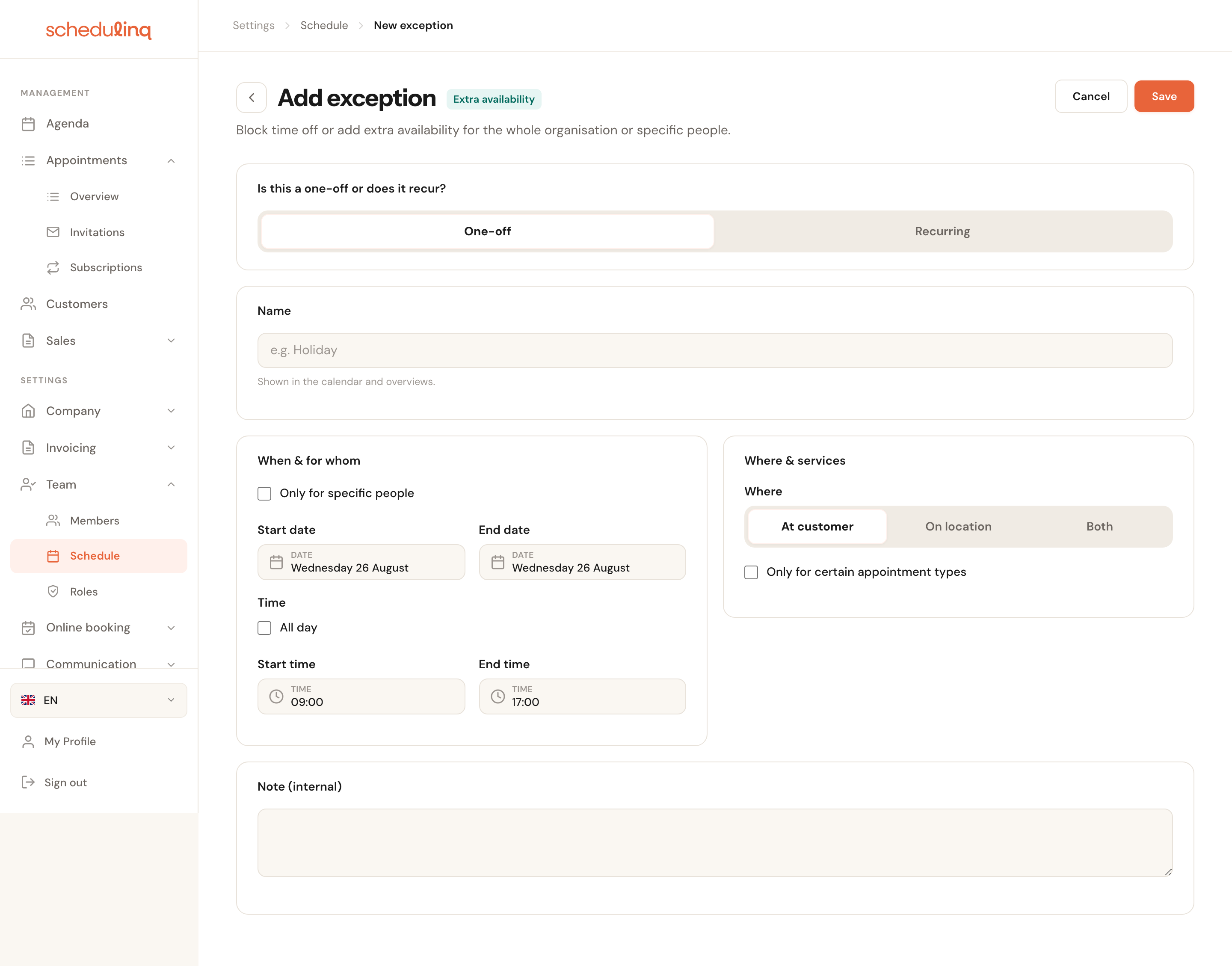 The extra availability form with the Where & services card.