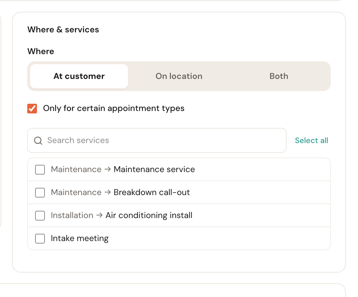 The services list with Only for certain appointment types ticked.