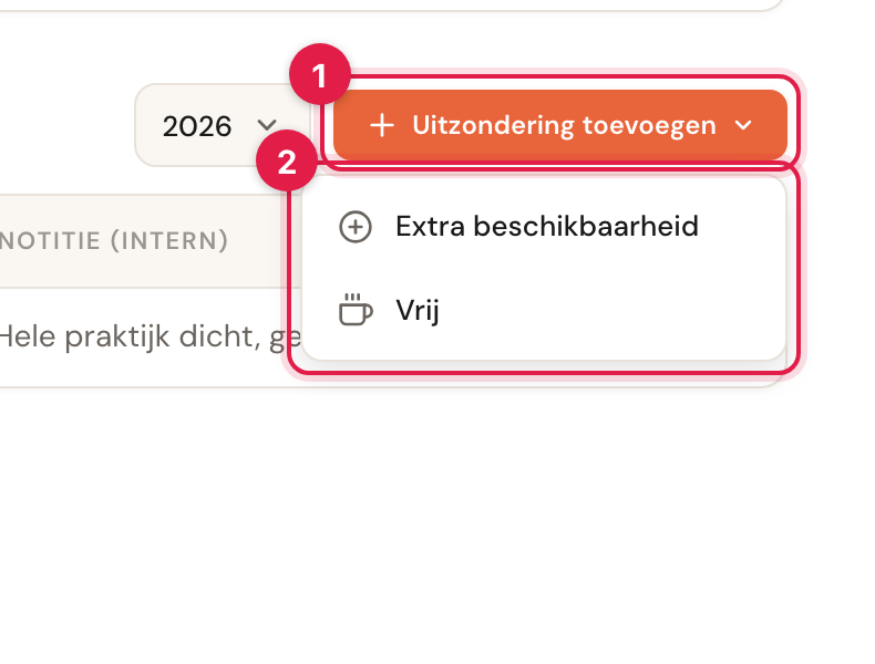 Het geopende menu met de keuzes Extra beschikbaarheid en Vrij.