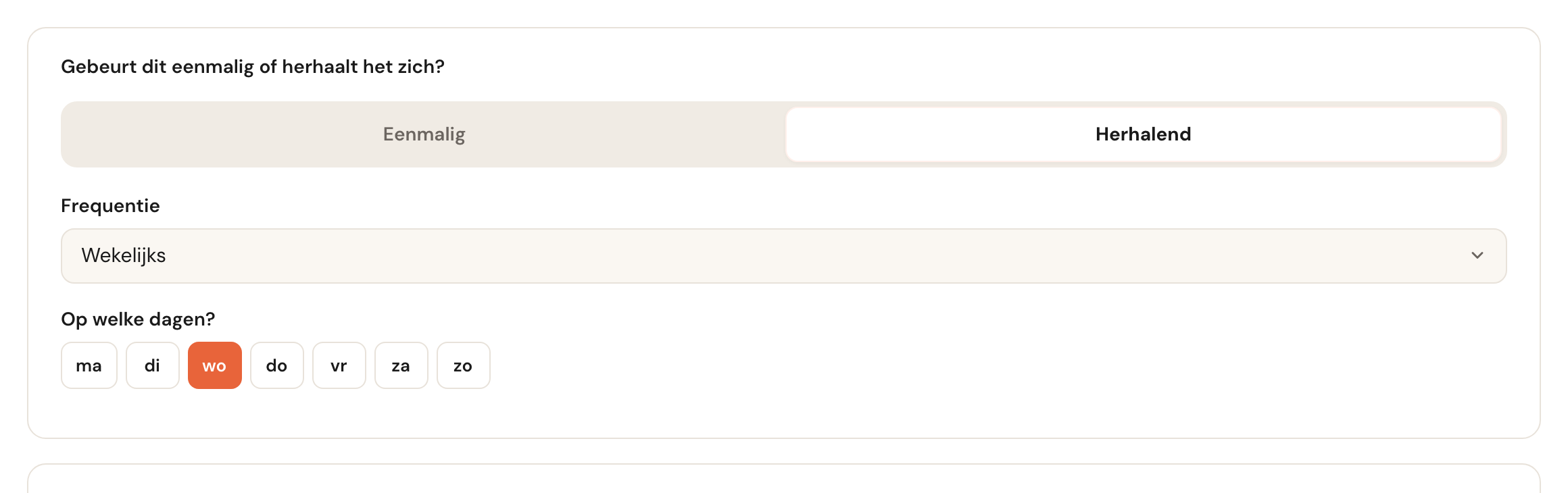 Herhalend geselecteerd, met frequentie Wekelijks en een dagkiezer.