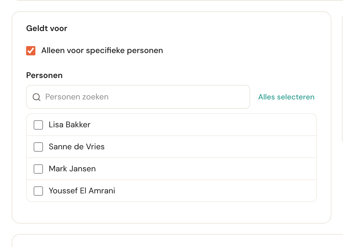 Het vinkje Alleen voor specifieke personen met de personenlijst eronder.