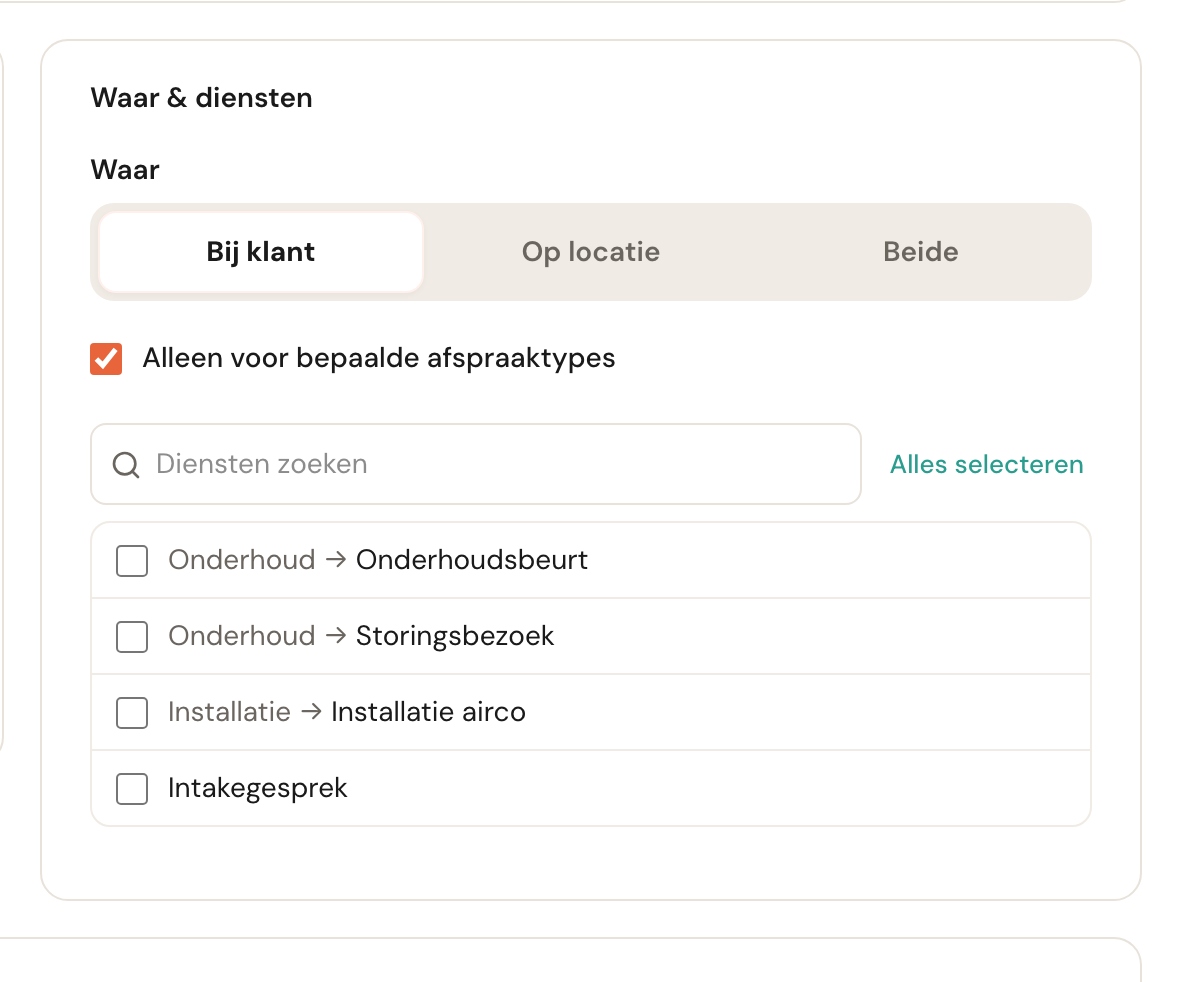 De dienstenlijst met het vinkje Alleen voor bepaalde afspraaktypes aan.