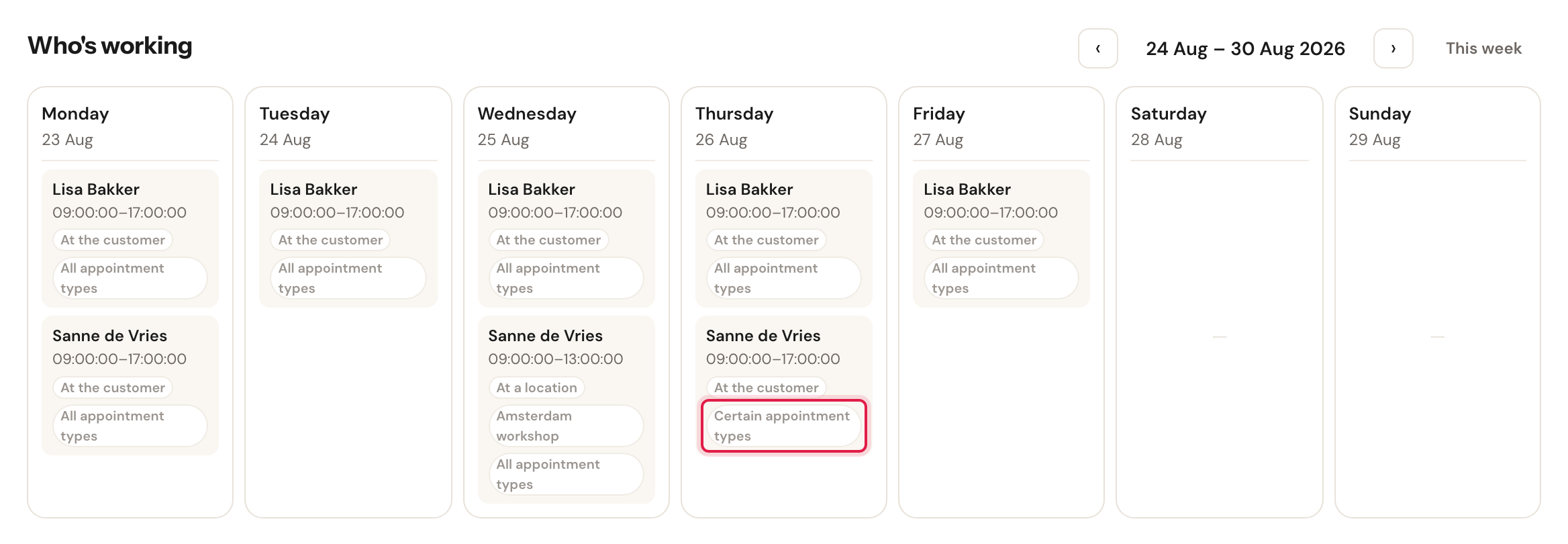 The week roster with one colleague's block labelled Certain appointment types, highlighted.