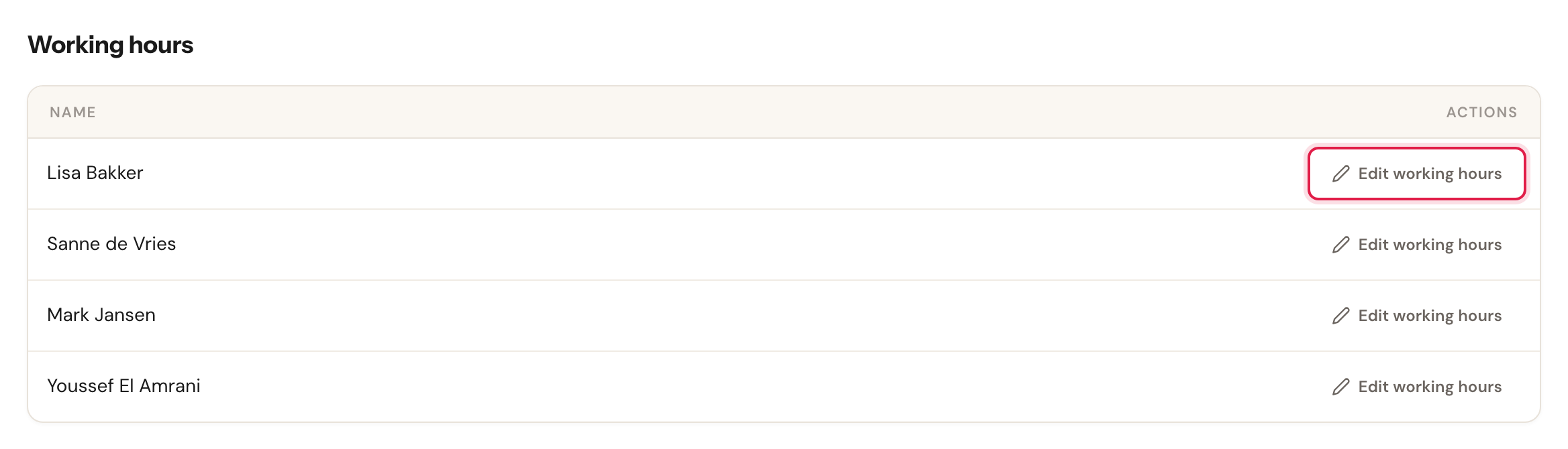 The list of team members, each row with an Edit working hours button.