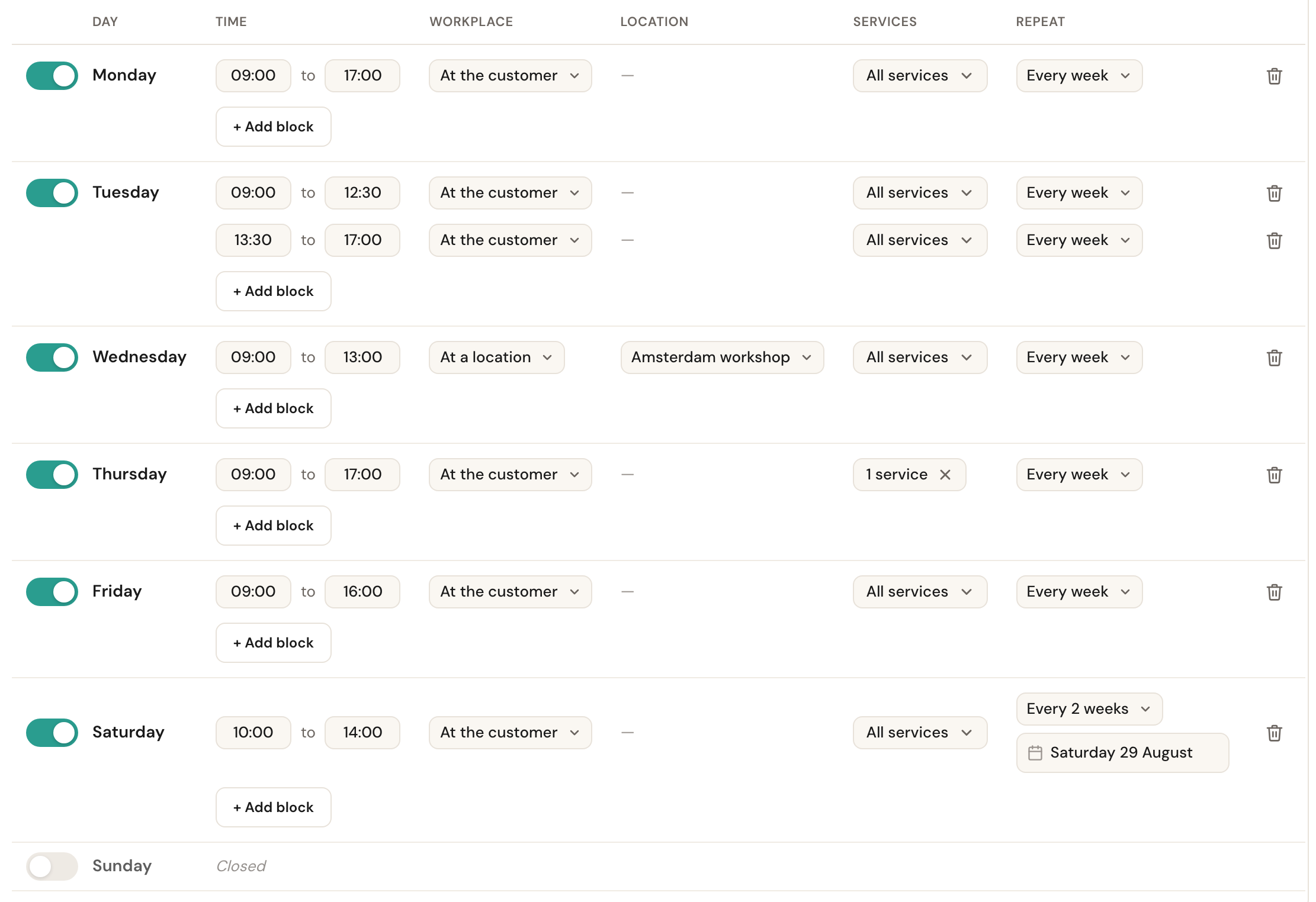 The week in edit mode, with the columns Day, Time, Workplace, Location, Services and Repeat.