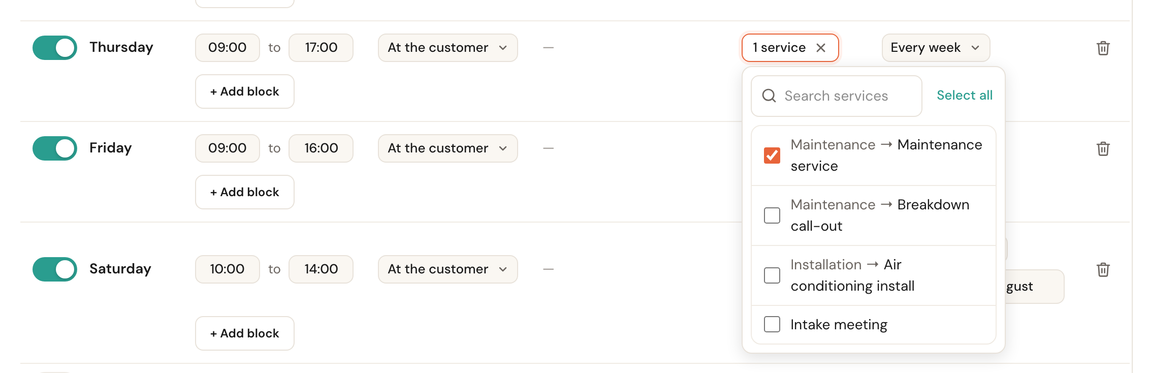 The open appointment-type picker with one type ticked.