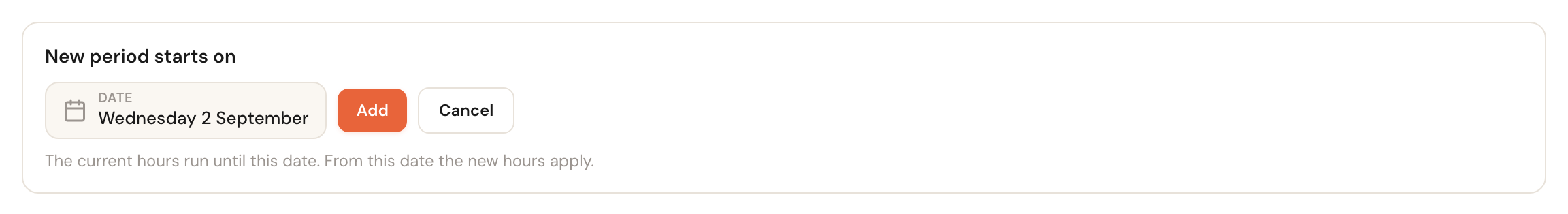 The start-date field for a new period, with the Add and Cancel buttons.