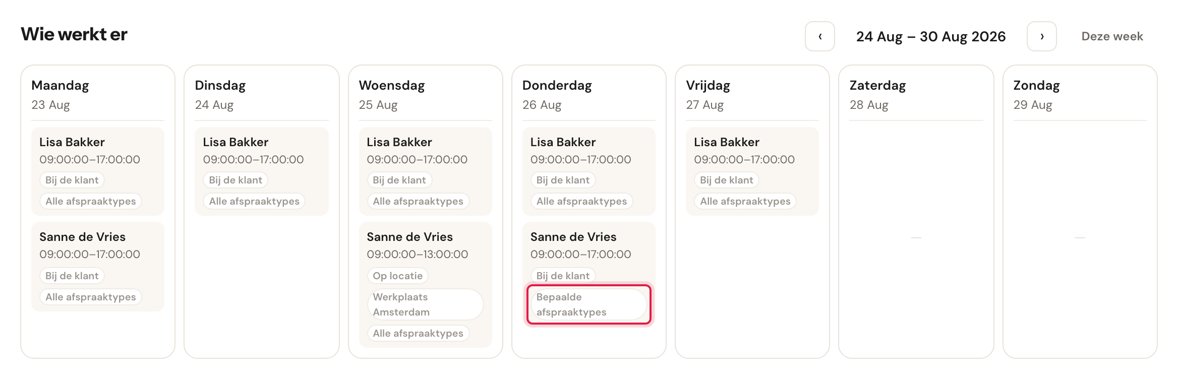 Het weekrooster met bij één medewerker het label Bepaalde afspraaktypes gemarkeerd.