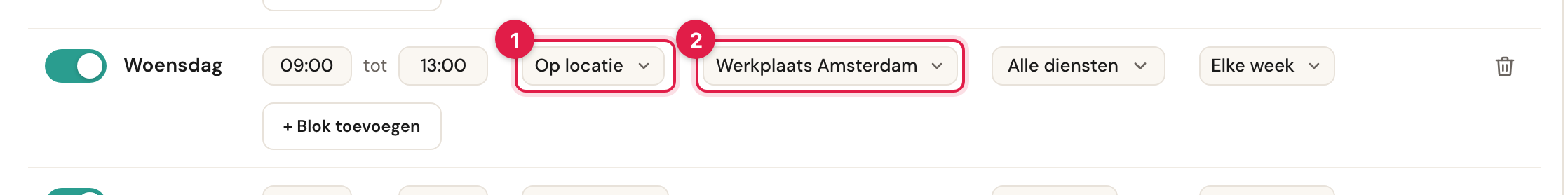 Een blok met Werkplek op 'Op locatie' en daarnaast de gekozen locatie.