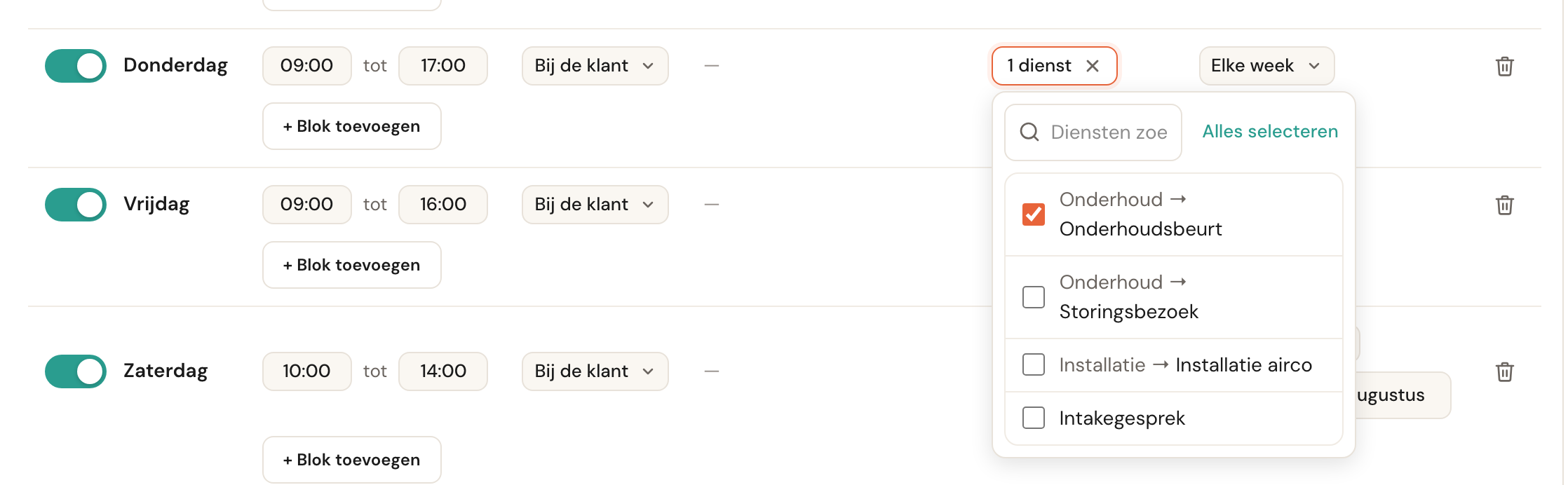 Het geopende keuzelijstje met afspraaktypes, waarvan er één is aangevinkt.